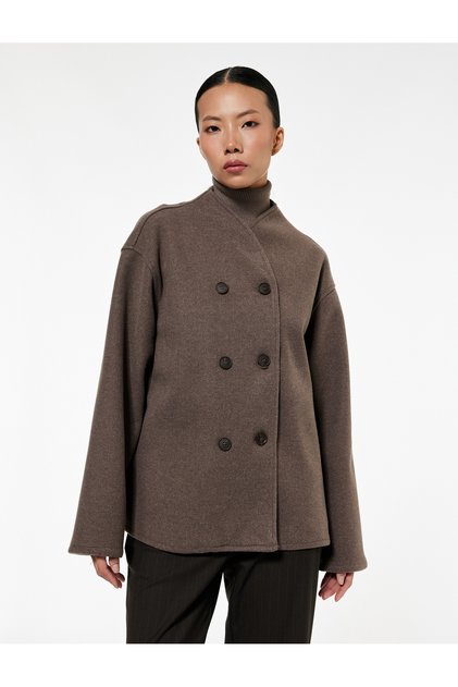 Long Sleeve Stand Collar Buttoned Double-Breasted Cashmere Jacket