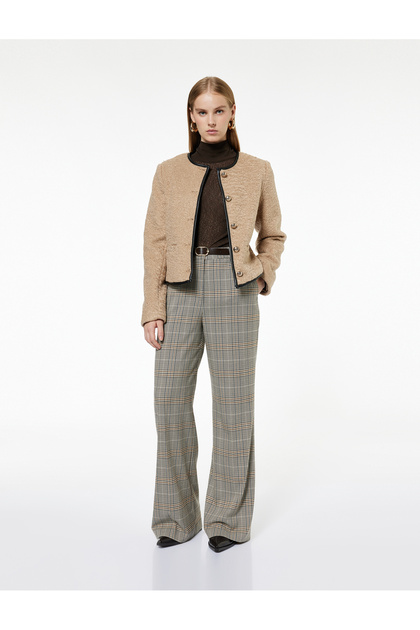 High Waist Viscose Blend Belt Detailed Wide Leg Plaid Trousers with Pockets