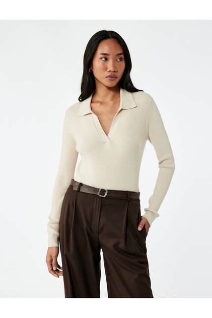 Polo Neck Knitwear Beige Women's Sweater 6Wak90122Ht