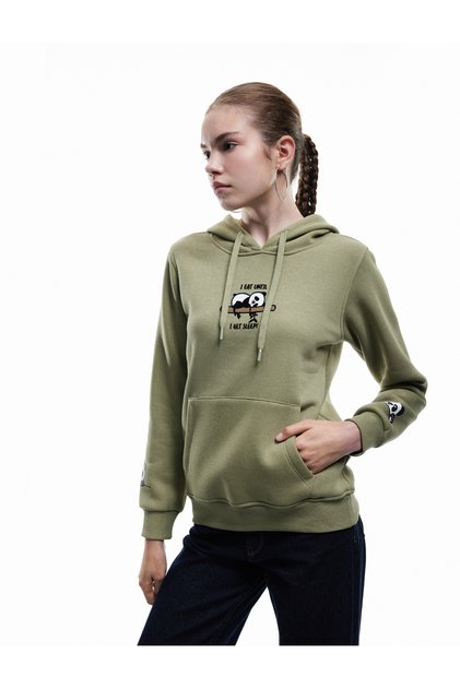 Panda Baskılı Şardonlu Kanguru Cepli Kapüşonlu Sweatshirt