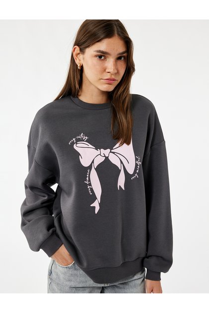 Long Sleeve Crew Neck Hooded Bow Printed Sweatshirt