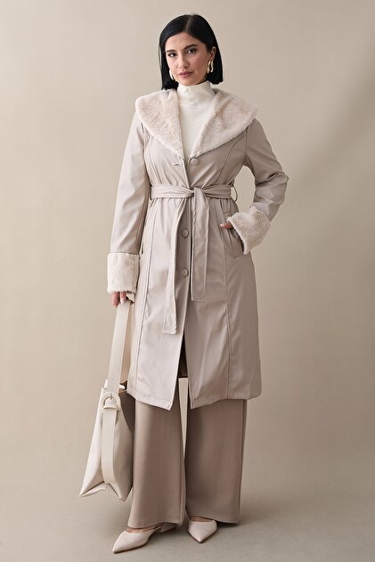 Beige Leather Trench Coat with Fur Detail