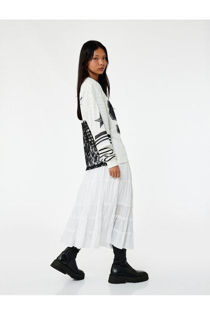 Cotton Ruffle Detailed Layered Waist Lace-Up Long Skirt