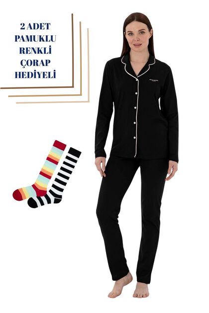 Women's Black Shirt Collar Modal Cotton Boxed Pajama Set with 2 Socks as a Gift