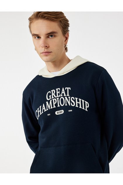 Kanguru Cepli Uzun Kollu Baskılı Şardonlu Renk Kontrastlı Kapşonlu Sweatshirt
