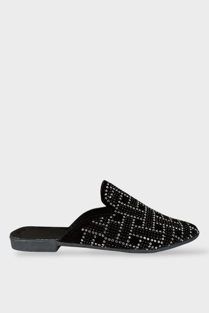 Suede Pointed Toe Stone Designed Women's Slippers Black - Silver