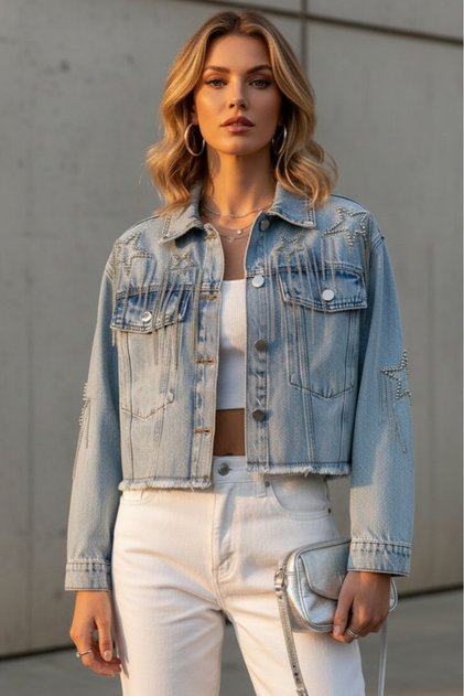 Women's Blue Stone Chain Pocket Seasonal Buttoned Short Denim Jacket A36-082