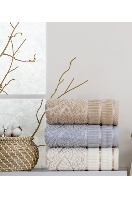 Kadife Jakarlı Yaprak Desenli 3 Adet 50x90 cm El Yüz Havlusu Gri-Kahve-Bej