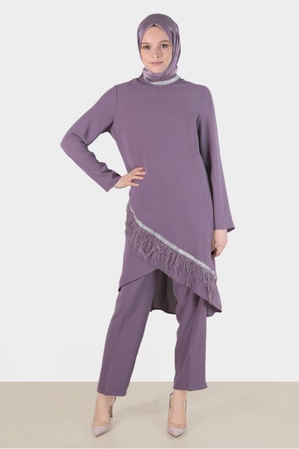 Feather-Detail Stone-Embellished Double Pant Set 30204