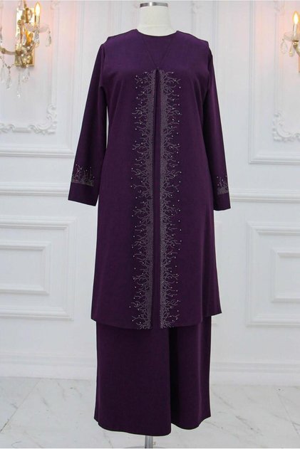 KADIN Mürdüm TAŞ BASKILI YELEKLİ ABİYE ELBİSE T 8621