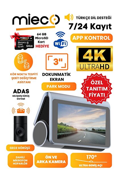 Mieco X8 Wifi /4K UHD/ 170° Ultra Geniş Açı/ ADAS/ Ön + Arka Araç