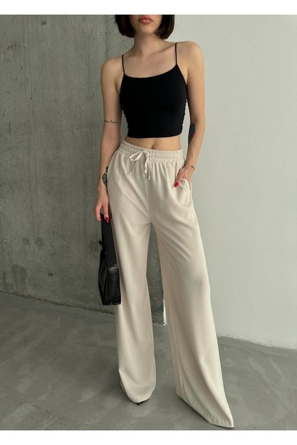 Linda Fabric Black Linen Blend Loose Cut Pants Elastic Waist Lace-Up