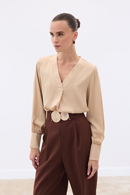 V-Neck Satin Blouse - Camel