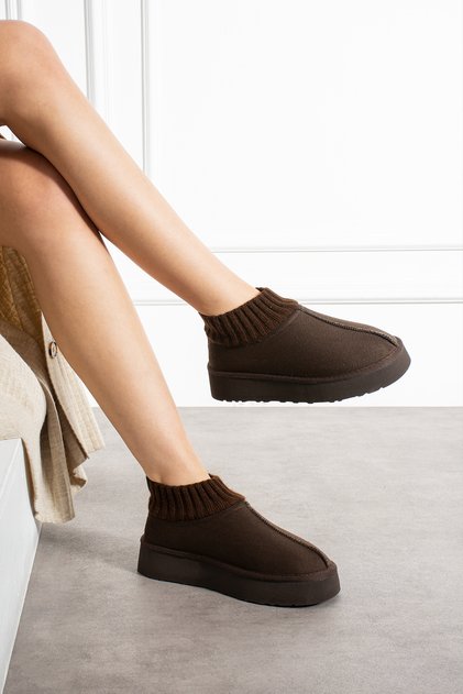 Brown Women's Knitwear High-Top Thick Sole Suede Inside Fur Stylish Daily Boots