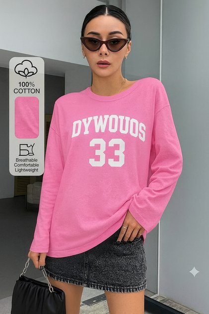 Women's Crew Neck Oywouos Printed Oversize 100% Cotton Long Sleeve T-Shirt