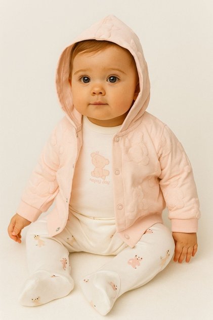 Baby Girl Jacquard Teddy Bear Patterned Hooded 3-Piece Baby Set