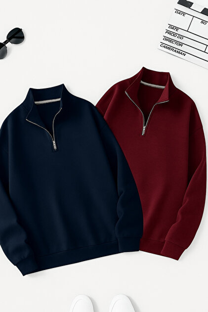 2-Piece Burgundy and Navy Blue Stand Collar Zippered Sweatshirt