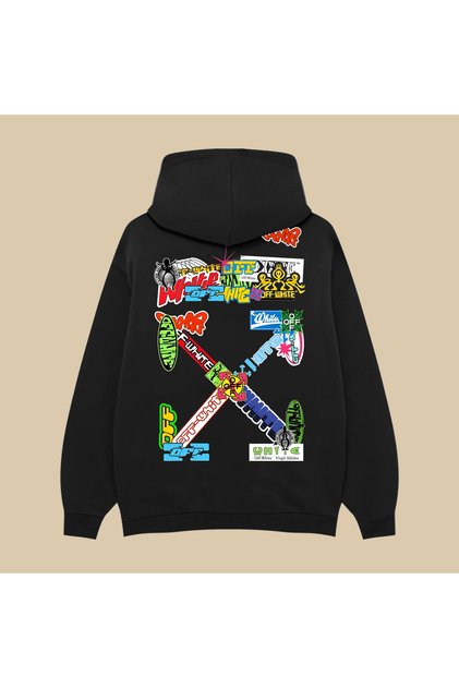 Off-White Print Tee UNISEX OVERSIZED BLACK COTTON HOODED PRINTED SWEATSHIRT HOODIE