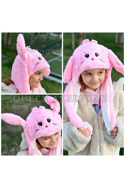 Pink Rabbit Plush Furry Hat with Pumping Moving Ears Soft Fun
