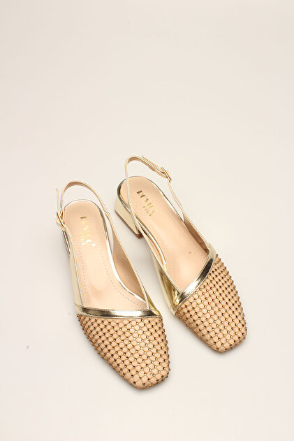 Golden Crinkle Stone Mesh Women's Heels