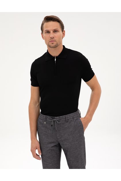Black Slim Fit Zippered Polo Collar Knit Sweater 50302609-Vr046