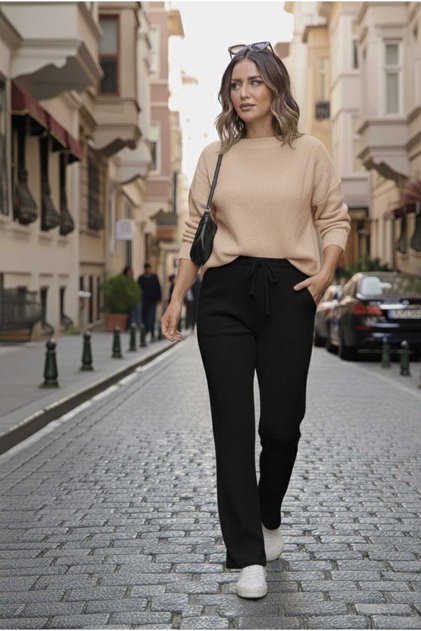 Kadın kışlık rahat kalıp comfort beli lastikli triko pantolon