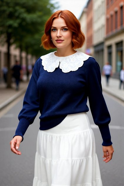 Women's Navy Blue Lace Collar Knitwear Sweater Long Sleeve Regular Fit Stylish Choice of Winter Outfits