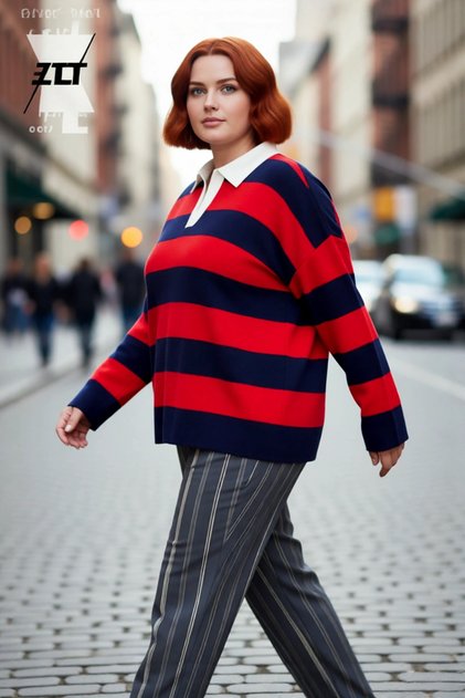 Women's Relaxed Fit Polo Neck Striped Knit Sweater Drop Shoulder Comfortable Wear Double Plate Weaving Long