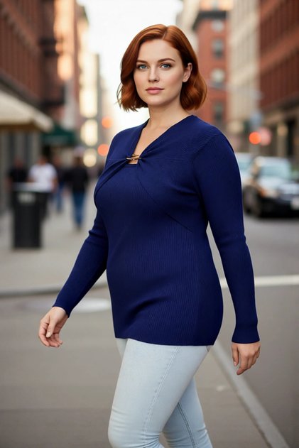 Women's Fitted Ribbed Knit Sweater Special Yarn Accessory Detail V-Neck Stylish Design Quality