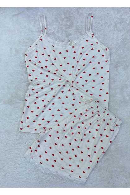 Women's White String Strap Shorts Pajama Set Lace Detailed Nightgown Dowry Suit Heart Pattern Soft