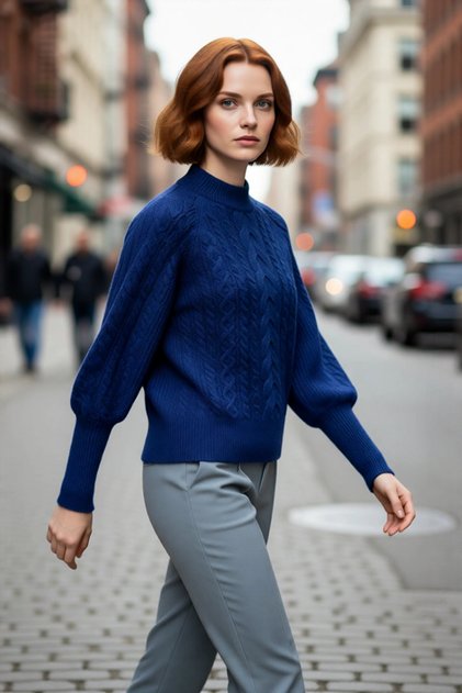 Women's Regular Fit Hair Knit Pattern Stand Collar Balloon Sleeve Knitwear Sweater Offers Everyday Chic Special for Winter
