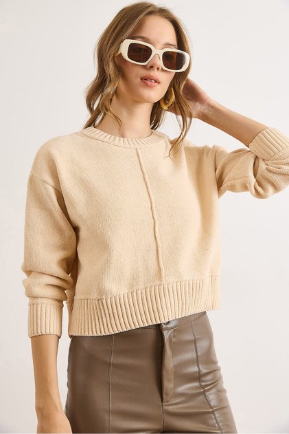 Women's Ecru Stand Collar Stitching Detailed Crop Chenille Sweater Kzk-19001034