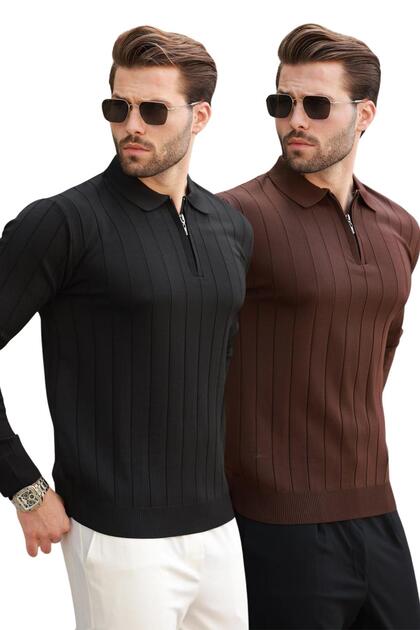 Siyah/Kahverengi Polo Yaka Fermuarlı 2'Li Paket Örme Kazak E7456