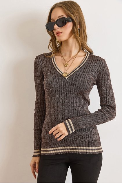 Women's Brown V-Neck Stripe Detailed Hair Knitwear Sweater Kzk-19001027