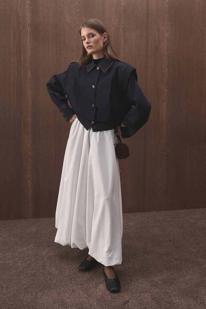 Padded Denim Look Short Navy Blue Jacket