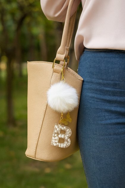 Letter B Pearl Detailed Keychain & Charm [with Pompom Option]
