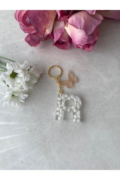 R Letter Pearl Detailed Keychain & Charm [with Pompom Option]