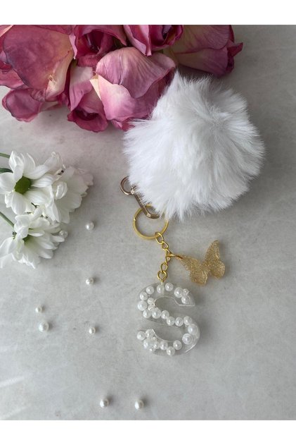 Letter S Pearl Detailed Keychain & Charm [with Pompom Option]