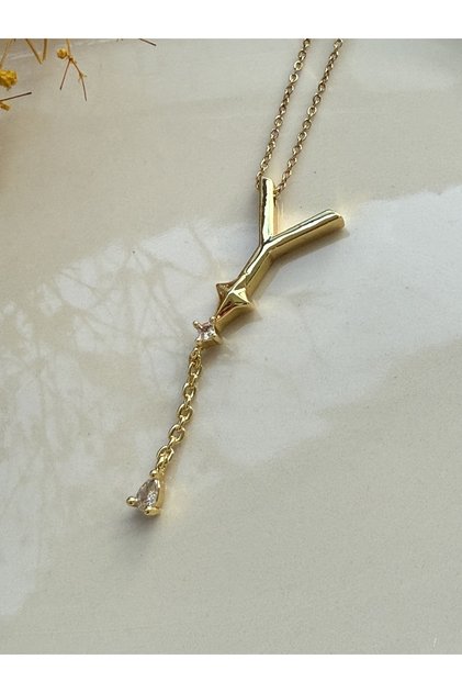 Far City Popular Dangling Zircon Stone Detailed Y Letter Steel Necklace 2 cm