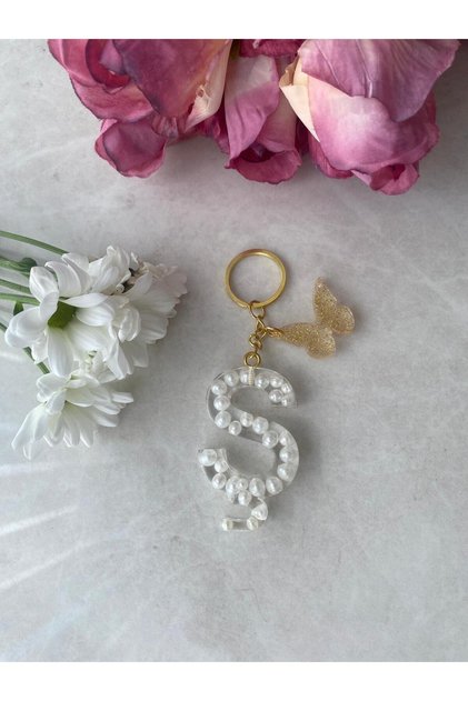 Letter S Pearl Detailed Keychain & Charm [with Pompom Option]