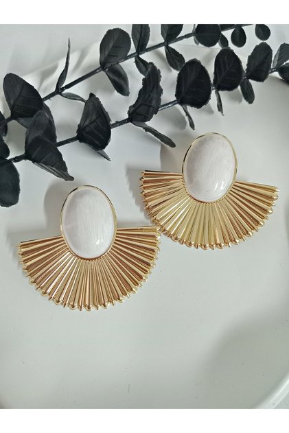 Beyaz Gold Yelpaze Büyük Hafif Kadın Küpe