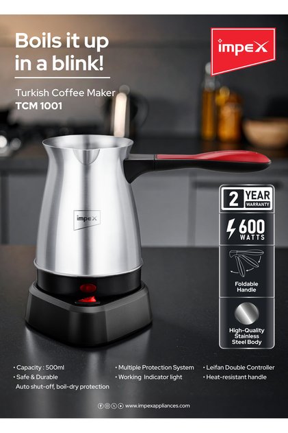 Turkish Coffee Maker 600W, 500ml Stainless Steel Coffee Pot with Foldable Heat-Resistant Handle, Auto Shut-Off, Boil-Dry Protection, Indicator Light, Multiple Safety System, 2 Year - TCM1001