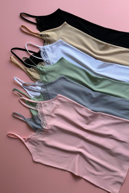 Lace Touch | 6'li Dantelli İp Askılı Fitilli Pamuklu Kadın Atlet 64E21