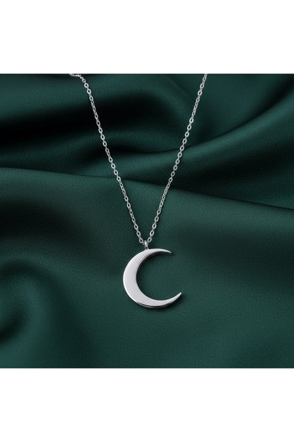 925 Ayar Gümüş Zincirli 14 Ayar Altın Kaplama Ay Kolye Silver