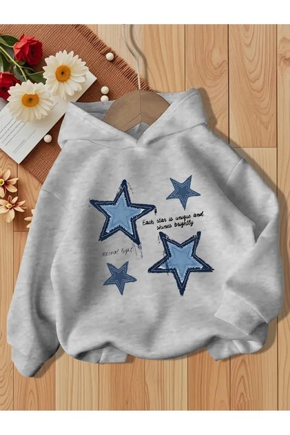 Kızlar İçin Mavi Yıldız Baskılı ve Kapüşonlu Sweatshirt