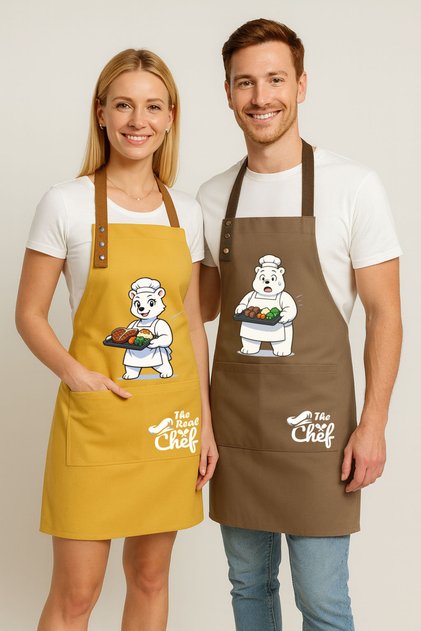 Kitchen Apron Set of 2, Stain Resistant, Water Repellent Fabric, Colorfast Print, Chef Teddy Bear Patterned Double Apron