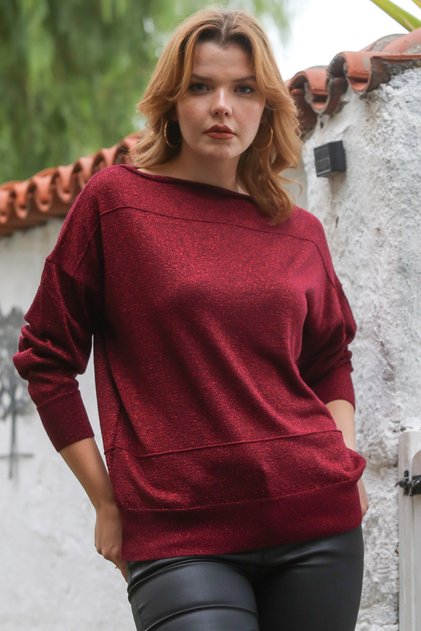 Burgundy Boat Neck Batwing Sleeve Thin Beaded Knitwear Blouse 70 70