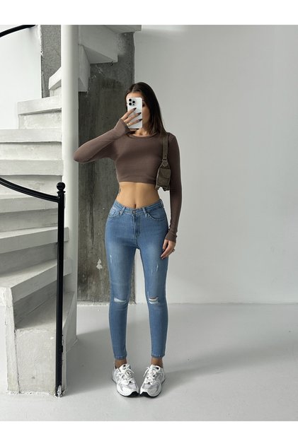 Women's Blue Knee Laser Cut Jeans with Ripped Details, Tight Leg Jeans
