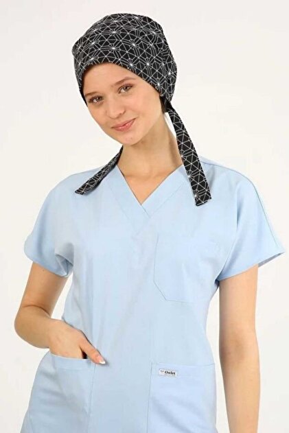 Geometric Patterned Black Surgical Hijab Bonnet