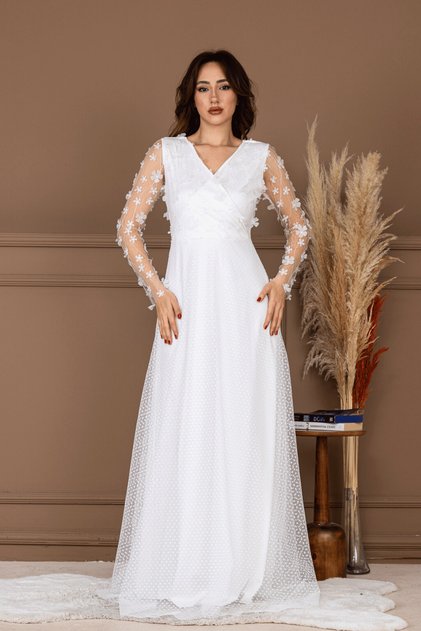Rochie lungă cu flori tridimensionale - ALBĂ